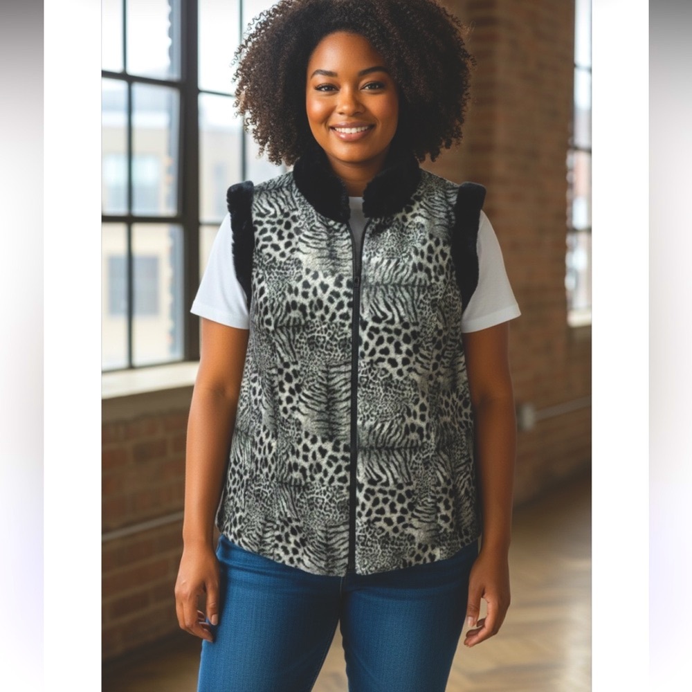Bob Mackie Leopard Print Vest with faux fur collar and details NWT